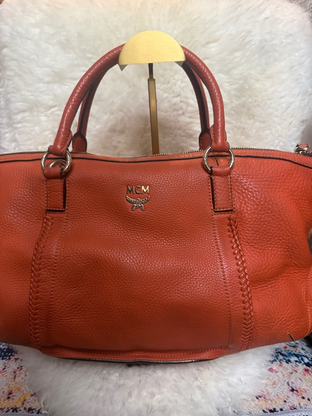 MCM Orange Pebbled Leather Satchel with Braided Detail Excellent Condition
